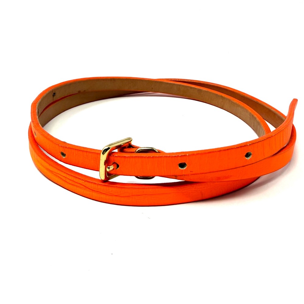 J.Crew Neon Orange Italian Leather Skinny Belt Gold Buckle Made in USA 19150